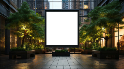 Evening view of a blank billboard in a plaza with vibrant trees and architectural lighting. Urban...