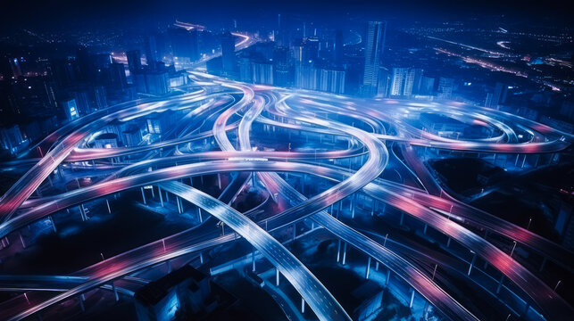 Twilight aerial view of city roads and interchanges with dynamic red and blue lighting. Transportation network concept. Generative AI