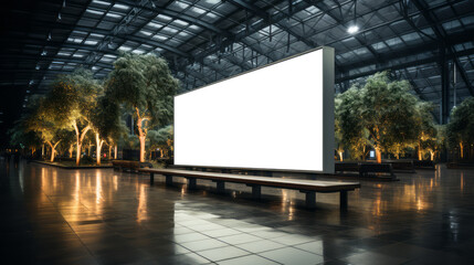 Tranquil airport atrium with large blank mockup billboard surrounded by trees. Peaceful design. Generative AI - obrazy, fototapety, plakaty