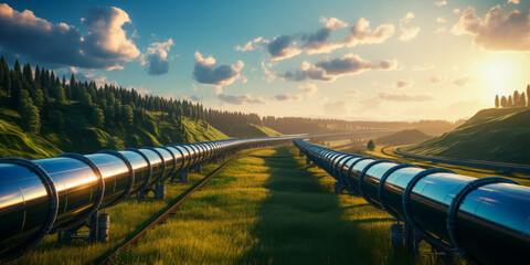 Pipelines stretch into the sunset across verdant hills, symbolizing the reach of energy networks. Generative AI - obrazy, fototapety, plakaty