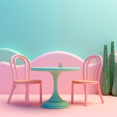 3D table and chairs in pastel background 