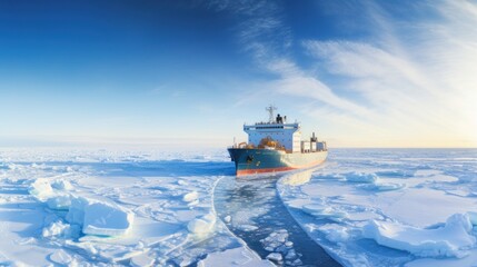 Icebreaker goes on the sea among the blue ice at sunset, aerial view.