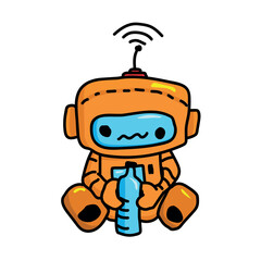 смішний робот сидить і тримає пляшку з водою