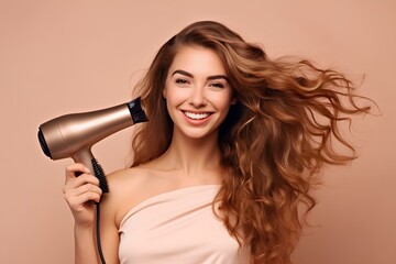 A smiling woman dries her hair with a hair dryer, on a beige background. - obrazy, fototapety, plakaty