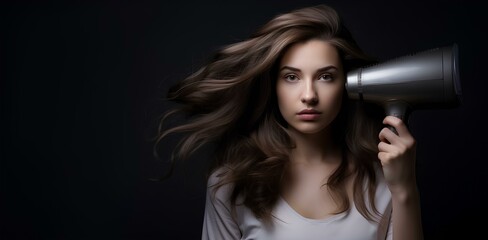 A beautiful girl dries her hair with a hair dryer, on a dark background. - obrazy, fototapety, plakaty