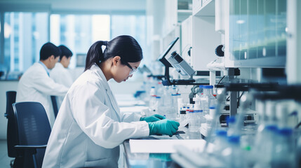 Dedicated Researcher in Modern Laboratory The cool blue tones and crisp lighting highlight the cutting edge nature