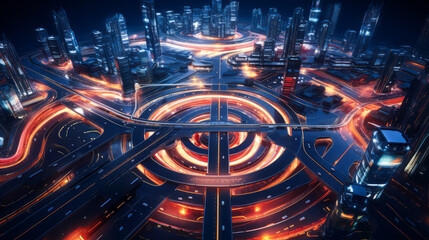 Futuristic city infrastructure with high-speed traffic at night. Connectivity and efficiency. Generative AI