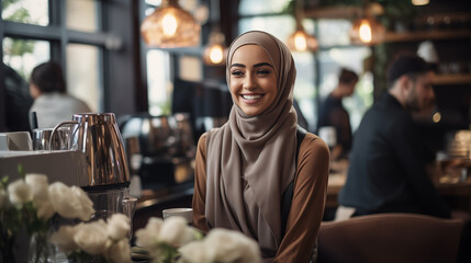 Young Muslim barista dressed in her hijab. Her warm smile behind the café counter reflect a welcoming atmosphere - obrazy, fototapety, plakaty