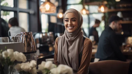 Foto op Plexiglas Young Muslim barista dressed in her hijab. Her warm smile behind the café counter reflect a welcoming atmosphere © Old Man Stocker