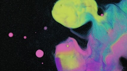 Bright paint dribbles and drops around a black surface with glitter. Biomorphic pour with neon color usage. Background motion with abstract fluid art. - Powered by Adobe