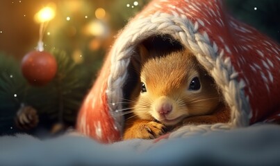 super cute squirrel wearing knitted santa hat - obrazy, fototapety, plakaty