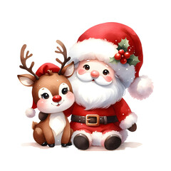 Cute Santa Claus and Reindeer in watercolor style