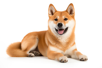 Shiba Inu dog lounging against a stark white background. The dog’s fur displays a vibrant mix of honey and white