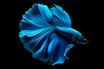 Shimmering bright blue Betta fish with long, flowing fins against a black background. isolated