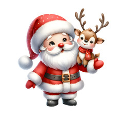 Cute Santa Claus and Reindeer in watercolor style