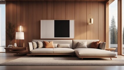 Minimalist Living Room with Wood Panel Accent, Modern Architectural Design. 3D Illustration