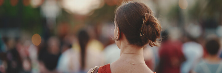 Close-up, girl stands on the square and looks around in the downtown. Closeup of young woman is standing in the city center looking around at the crowd of people in the evening. - obrazy, fototapety, plakaty