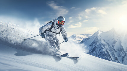 Skier skiing downhill in high mountains. - obrazy, fototapety, plakaty