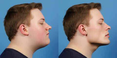Before and after results of a man with jawline surgery, submental liposuction and rhinoplasty for plastic surgery promo.