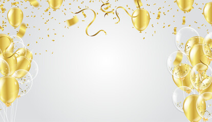 Celebration banner background with  confetti and golden color balloons and joyful mood. Christmas, New Year, birthday or wedding celebration