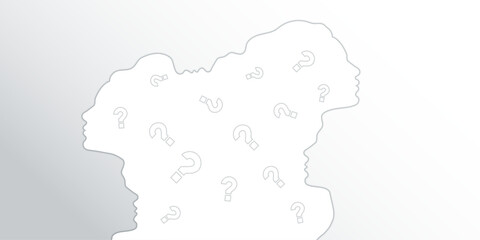 Mental health awareness concept with head silhouettes of a persons and questions on background. Split personality banner with copy space for text.