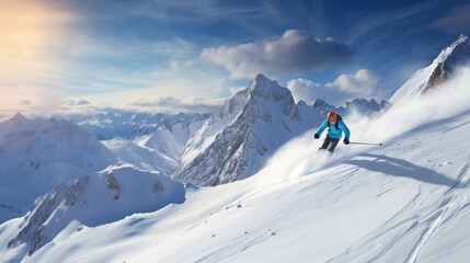 Naklejka na ściany i meble Skier skiing downhill in high mountains.