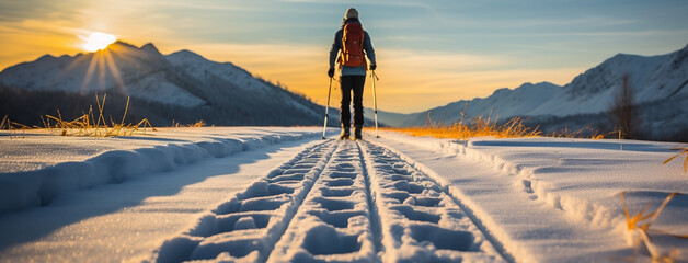 Wide horizontal web banner photograph of Skier with a back pack walking on snow at the evening in  winter season  - obrazy, fototapety, plakaty
