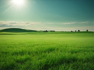 Nature Green Grass Field with Sunlight, Beautiful Panoramic View