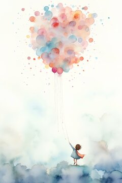 a whimsical and dreamlike image of the baby girl and the balloon soaring through the sky, white background, soft watercolor. a children's book illustration-style drawing. generative AI