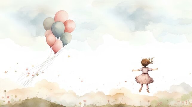 a whimsical and dreamlike image of the baby girl and the balloon soaring through the sky, white background, soft watercolor. a children's book illustration-style drawing. generative AI