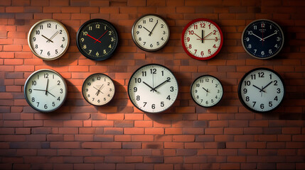 Many types of wall clocks on wall