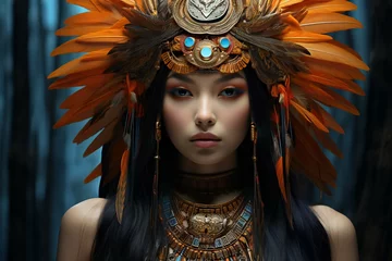 Poster Beautiful asian woman in native indian costume with headdress © Aurora