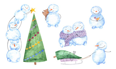 Big set with watercolor cute cartoon snowman and snow girl tied one scarf hugging lovers, three snowman on top of each other decorated christmas tree,with bird and bear friends.New year illustration