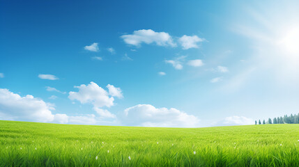 Fototapeta na wymiar Spring or summer view with green field and picturesque blue sky with white clouds field with green gras,Landscape with green grass and blue sky.AI Generative 