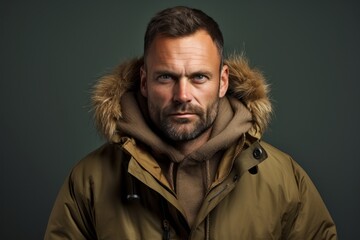 Fototapeta premium Portrait of a content man in his 40s wearing a warm parka against a light wood minimalistic setup. AI Generation