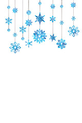 Background with watercolor textured with blots,dots,splaches different shaped blue filigree snowflakes with copy space.Isolated christmas,new year,x-mas backdrop.