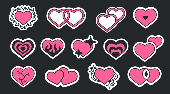 Set of trendy pink and black hearts in retro Y2k style.  Glamour pink stickers pack. Different elements hearts, stars and fire . Vector illustration in trendy emo goth 2000s style.