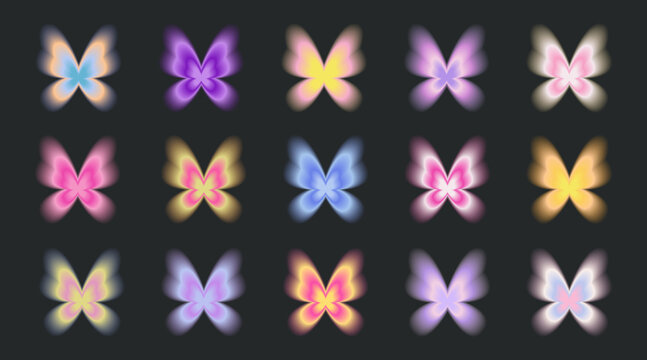 Blurry butterflies aesthetic elements. Y2k style blurred gradient shapes. Colorful soft gradients. Modern minimalist design element with blur gradients vector template set.