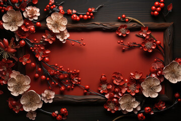 Red letterhead for text in a cherry blossom frame on a brown background. Chinese New Year Concept
