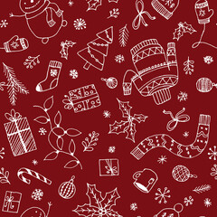 Black simple doodle hand drawn christmas illustrations red background.Print xmas,new year party wrapper,cards,invitations,design