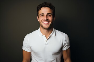 Portrait of a joyful man in his 20s donning a classy polo shirt against a light wood minimalistic setup. AI Generation