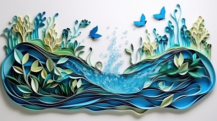 Ecology and world water day, Saving water and world Environment day, environmental protection and save earth water, Paper art
