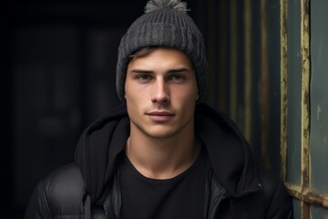 Portrait of a tender man in his 20s donning a warm wool beanie against a empty modern loft background. AI Generation