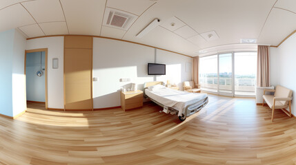 Luxurious hospital room with curved wooden flooring, ample natural light, and a soothing ambience. Generative AI