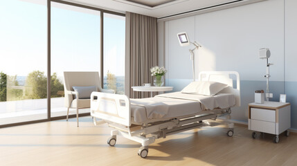 Fototapeta na wymiar Modern hospital room with panoramic forest view and a comfortable chair. Serene healthcare setting. Generative AI