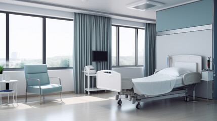 Fototapeta na wymiar Airy hospital room with expansive city views, sleek furniture, and state-of-the-art medical amenities. Generative AI