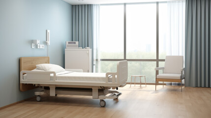 Hospital room with panoramic windows and sunset view. Healthcare and comfort concept Generative AI
