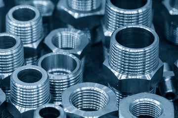 Close up scene the set of pipe connector parts in the light blue scene.