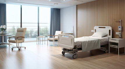 Sunny hospital room with expansive nature views and a serene blue accent. Optimized for patient recovery. Generative AI