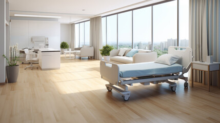 Hospital room with panoramic windows and sunset view. Healthcare and comfort concept Generative AI